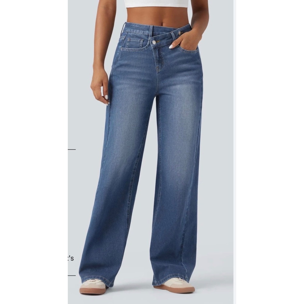 Halara Asymmetric Crossover Waist Wide Leg Jeans Medium Wash Blue Petite Medium